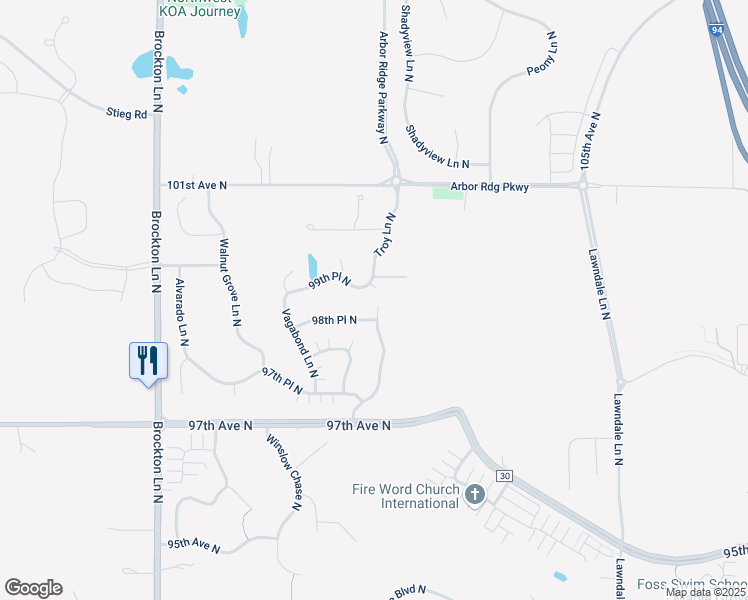 map of restaurants, bars, coffee shops, grocery stores, and more near 18325 99th Place North in Osseo