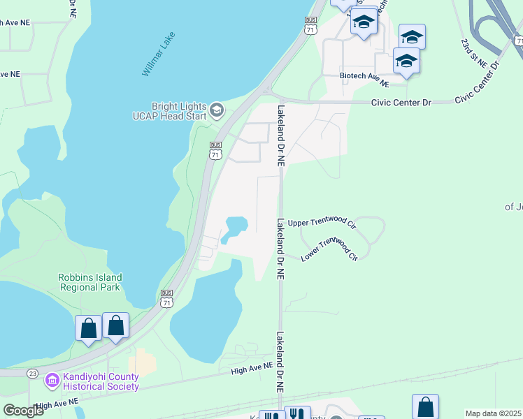 map of restaurants, bars, coffee shops, grocery stores, and more near 1000 16th Street Northeast in Willmar