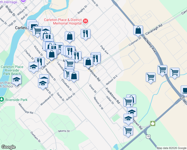 map of restaurants, bars, coffee shops, grocery stores, and more near in Carleton Place