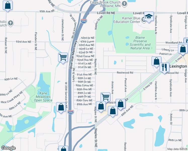 map of restaurants, bars, coffee shops, grocery stores, and more near 3348 91st Avenue Northeast in Blaine