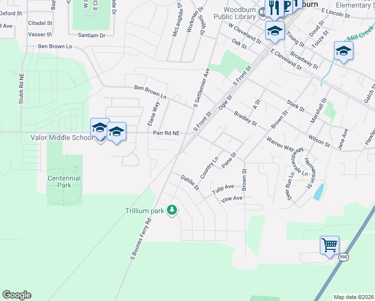 map of restaurants, bars, coffee shops, grocery stores, and more near 1106 Ogle Street in Woodburn