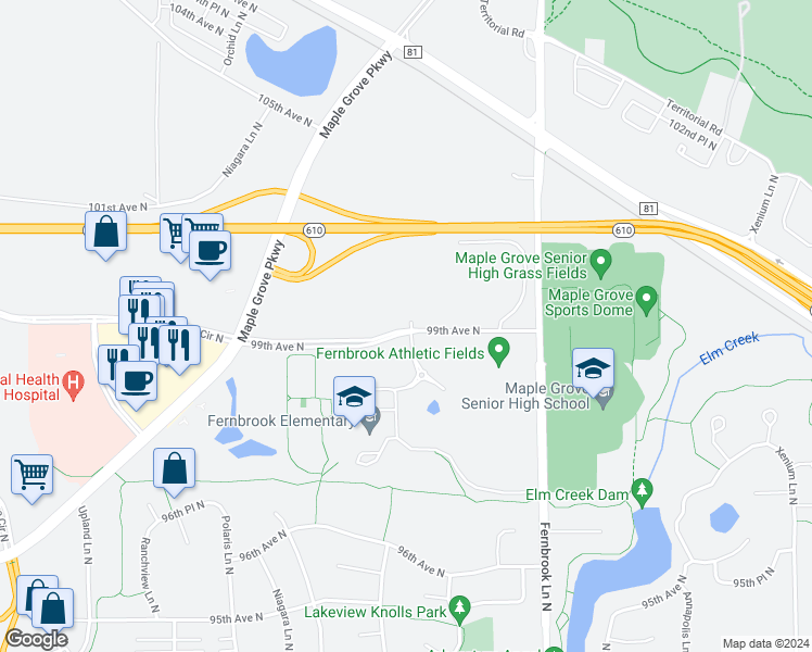 map of restaurants, bars, coffee shops, grocery stores, and more near 14601 99th Avenue North in Maple Grove