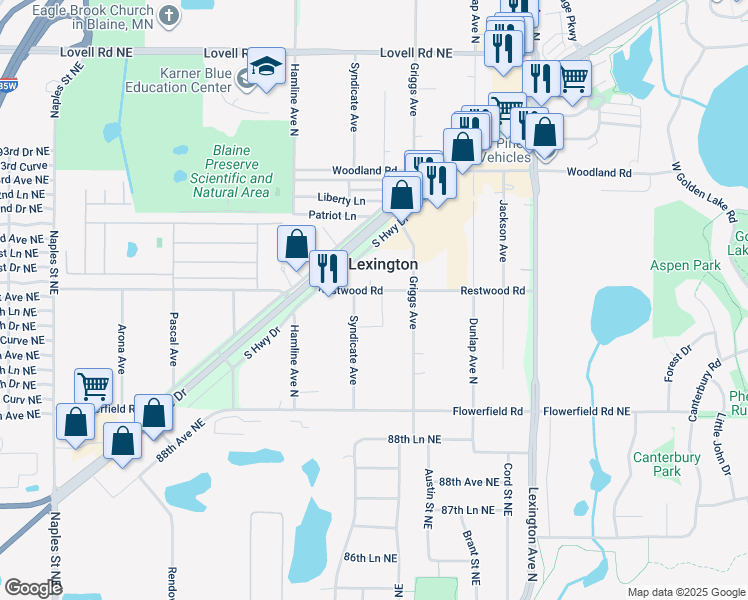 map of restaurants, bars, coffee shops, grocery stores, and more near 3940 Restwood Road in Circle Pines