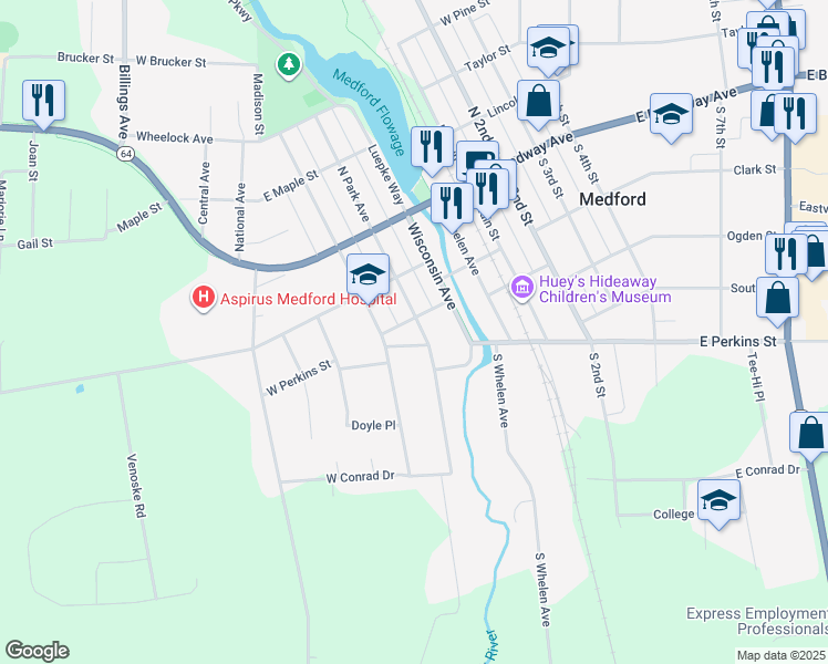 map of restaurants, bars, coffee shops, grocery stores, and more near 311 South Park Avenue in Medford