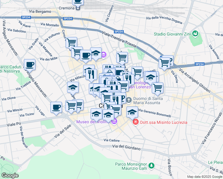 map of restaurants, bars, coffee shops, grocery stores, and more near 27 Piazza Roma in Cremona