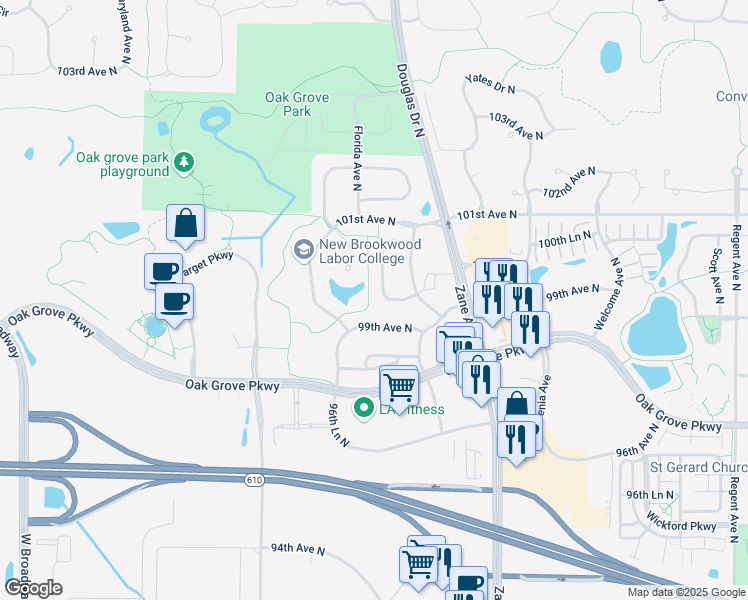 map of restaurants, bars, coffee shops, grocery stores, and more near 9951 Colorado Lane North in Brooklyn Park