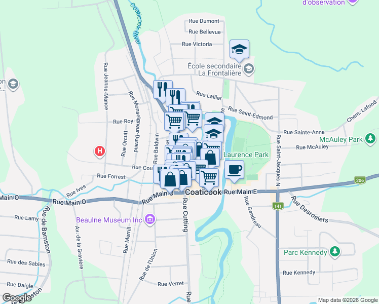 map of restaurants, bars, coffee shops, grocery stores, and more near 181 Rue Child in Coaticook
