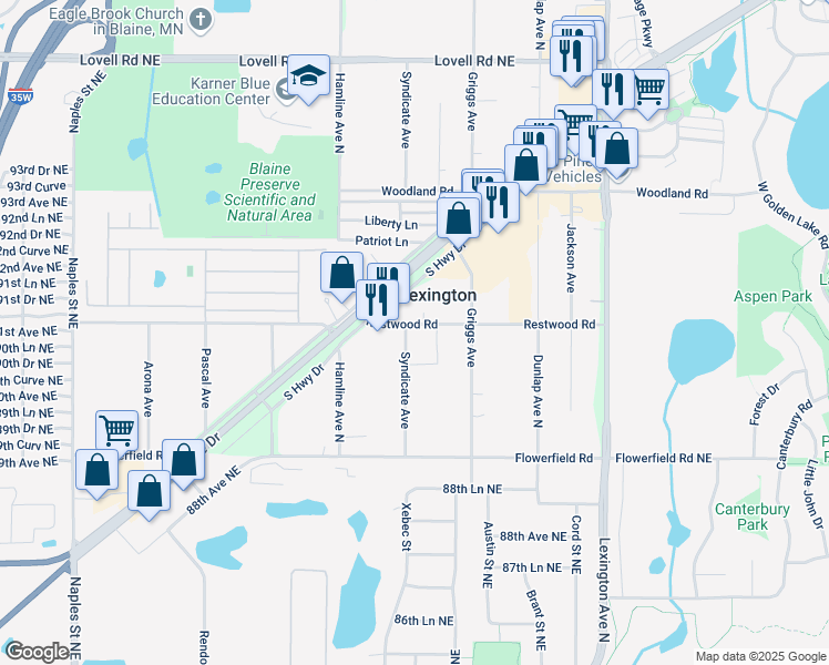map of restaurants, bars, coffee shops, grocery stores, and more near 8893 Syndicate Avenue in Circle Pines