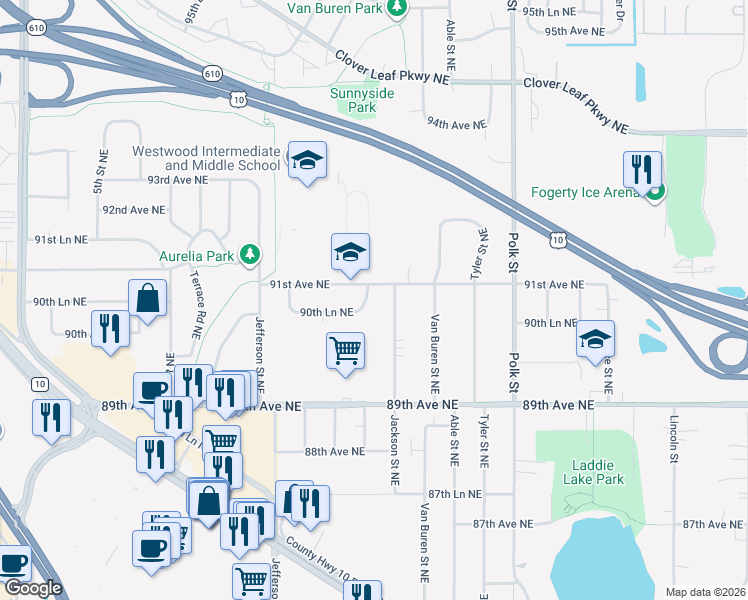 map of restaurants, bars, coffee shops, grocery stores, and more near 741 90th Lane Northeast in Blaine