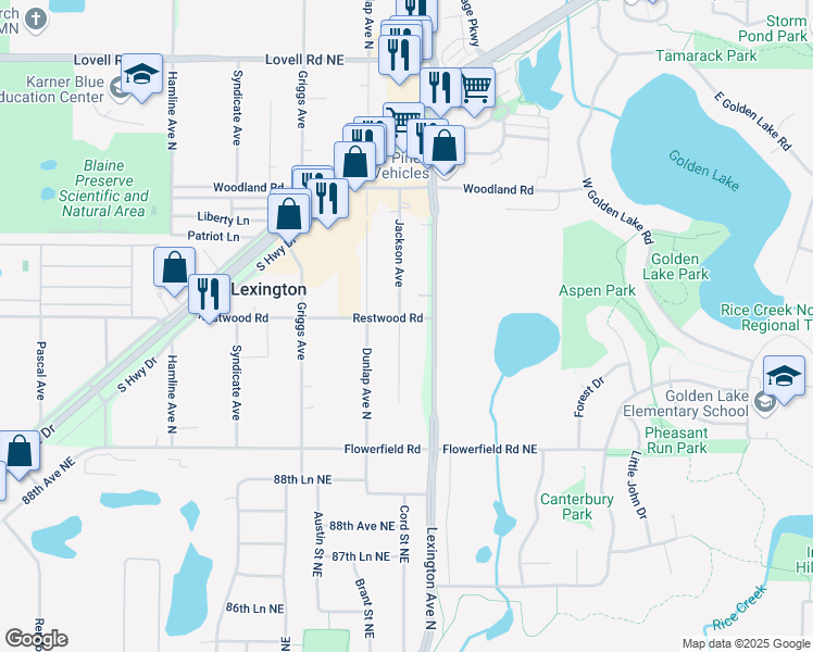 map of restaurants, bars, coffee shops, grocery stores, and more near 8999 Jackson Avenue in Circle Pines