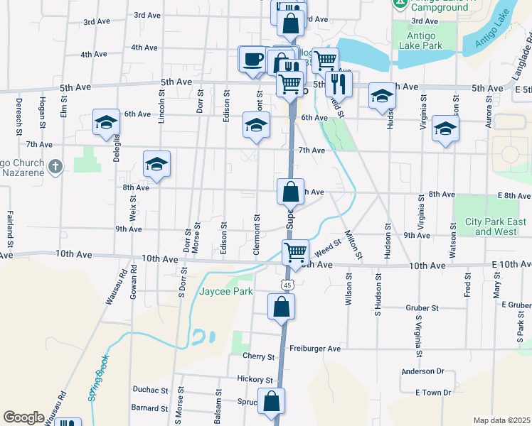 map of restaurants, bars, coffee shops, grocery stores, and more near 239 Clermont Street in Antigo