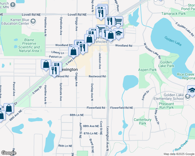 map of restaurants, bars, coffee shops, grocery stores, and more near 8999 Jackson Avenue in Circle Pines