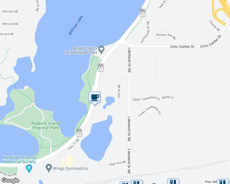 map of restaurants, bars, coffee shops, grocery stores, and more near 1000 16th Street Northeast in Willmar