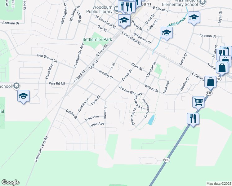 map of restaurants, bars, coffee shops, grocery stores, and more near 888 Brown Street in Woodburn