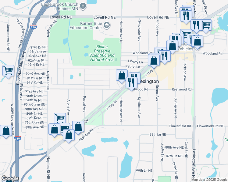 map of restaurants, bars, coffee shops, grocery stores, and more near 8970 North Highway Drive in Circle Pines