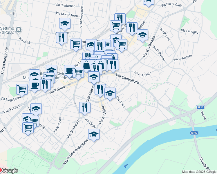 map of restaurants, bars, coffee shops, grocery stores, and more near 14BIS Via Palestro in Settimo Torinese