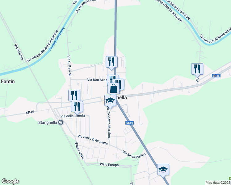 map of restaurants, bars, coffee shops, grocery stores, and more near 53 Via Nazionale in Stanghella