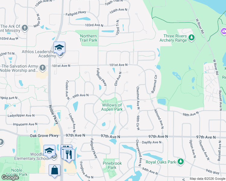 map of restaurants, bars, coffee shops, grocery stores, and more near 10003 Elm Avenue North in Minneapolis