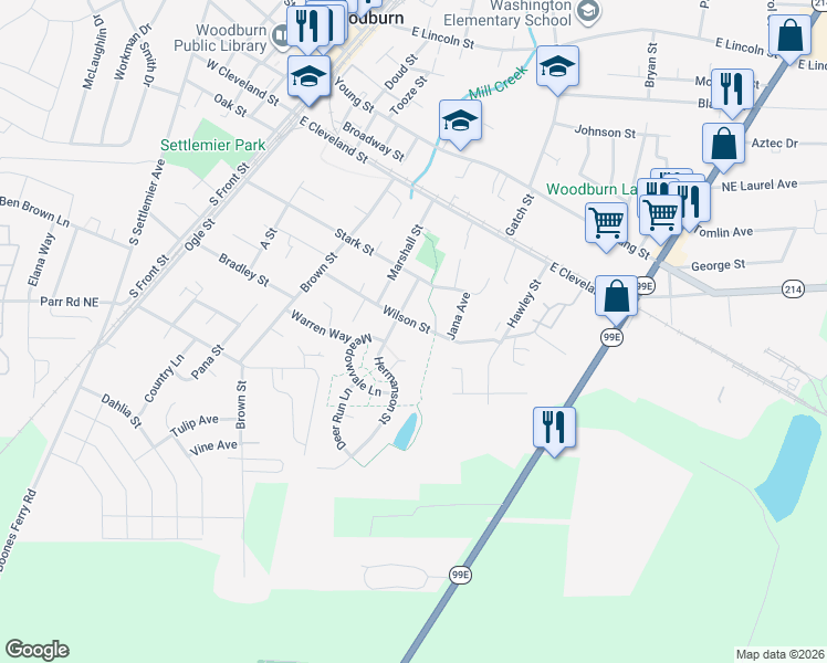 map of restaurants, bars, coffee shops, grocery stores, and more near 960 Wilson Street in Woodburn