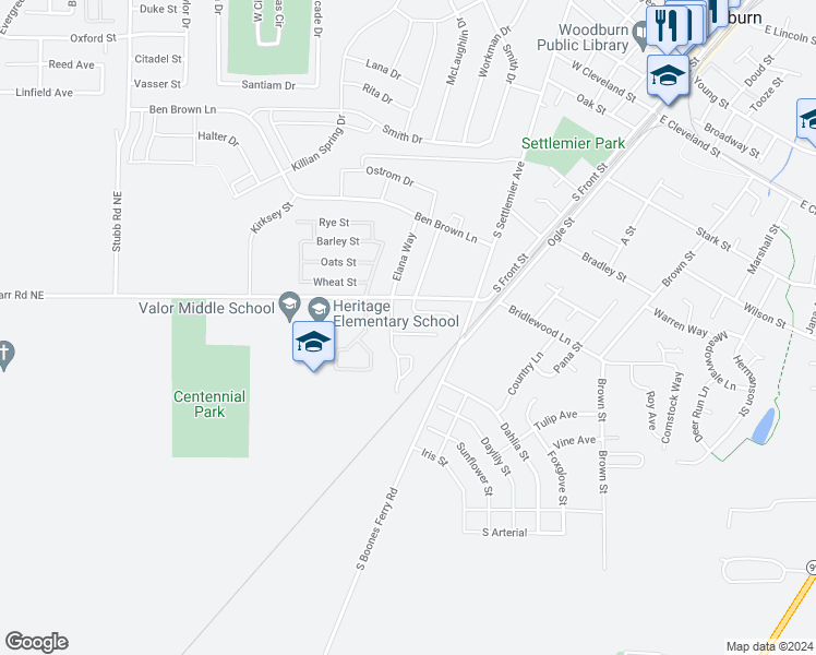 map of restaurants, bars, coffee shops, grocery stores, and more near 365 Brandywine Ct in Woodburn