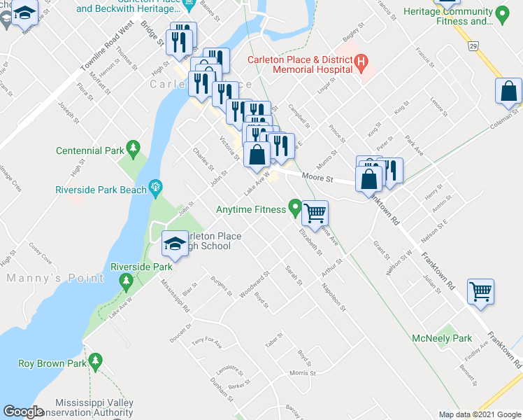 map of restaurants, bars, coffee shops, grocery stores, and more near 33 Napoleon Street in Carleton Place