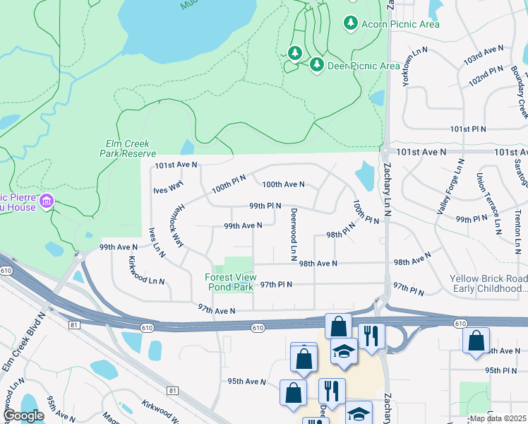 map of restaurants, bars, coffee shops, grocery stores, and more near 9948 Evergreen Lane North in Maple Grove