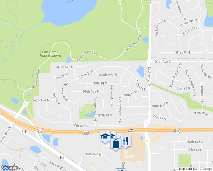 map of restaurants, bars, coffee shops, grocery stores, and more near 9948 Evergreen Lane North in Maple Grove