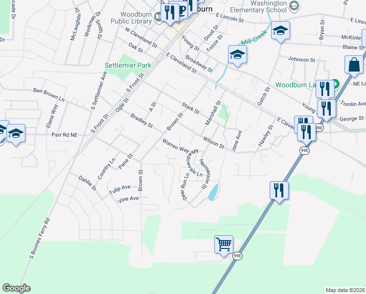 map of restaurants, bars, coffee shops, grocery stores, and more near 770 Warren Way in Woodburn
