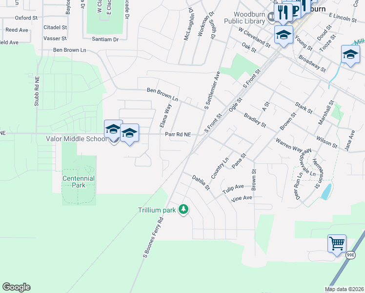 map of restaurants, bars, coffee shops, grocery stores, and more near 215 Brandywine Court in Woodburn