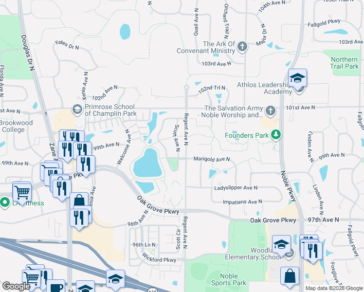 map of restaurants, bars, coffee shops, grocery stores, and more near 9912 Scott Avenue North in Minneapolis