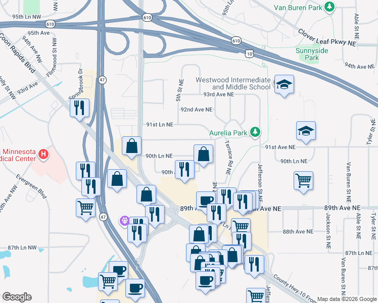 map of restaurants, bars, coffee shops, grocery stores, and more near 181 90th Lane Northeast in Blaine