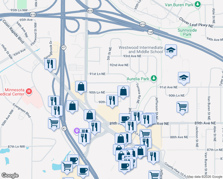 map of restaurants, bars, coffee shops, grocery stores, and more near 181 90th Lane Northeast in Blaine