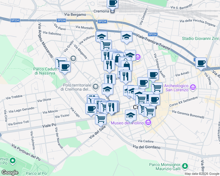 map of restaurants, bars, coffee shops, grocery stores, and more near 1 Via Oscasali in Cremona
