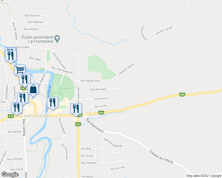 map of restaurants, bars, coffee shops, grocery stores, and more near Rue McAuley in Coaticook