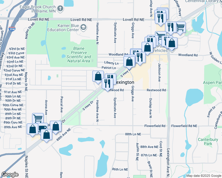 map of restaurants, bars, coffee shops, grocery stores, and more near 3801 Restwood Road in Circle Pines