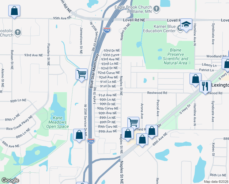 map of restaurants, bars, coffee shops, grocery stores, and more near 3348 91st Avenue Northeast in Blaine
