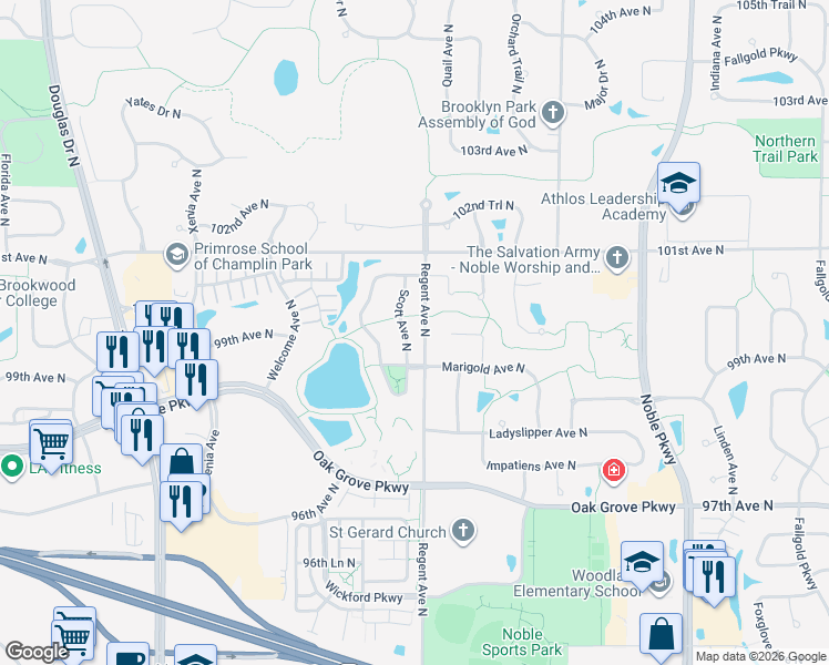 map of restaurants, bars, coffee shops, grocery stores, and more near 9924 Scott Avenue North in Minneapolis
