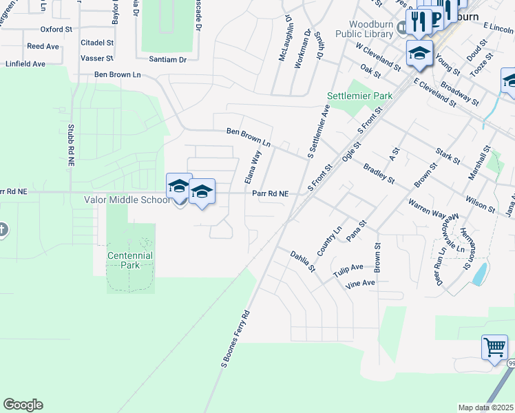 map of restaurants, bars, coffee shops, grocery stores, and more near 365 Brandywine Court in Woodburn