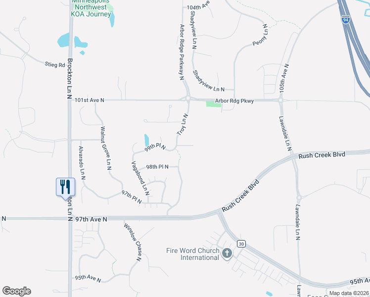 map of restaurants, bars, coffee shops, grocery stores, and more near 9950 Troy Lane North in Maple Grove