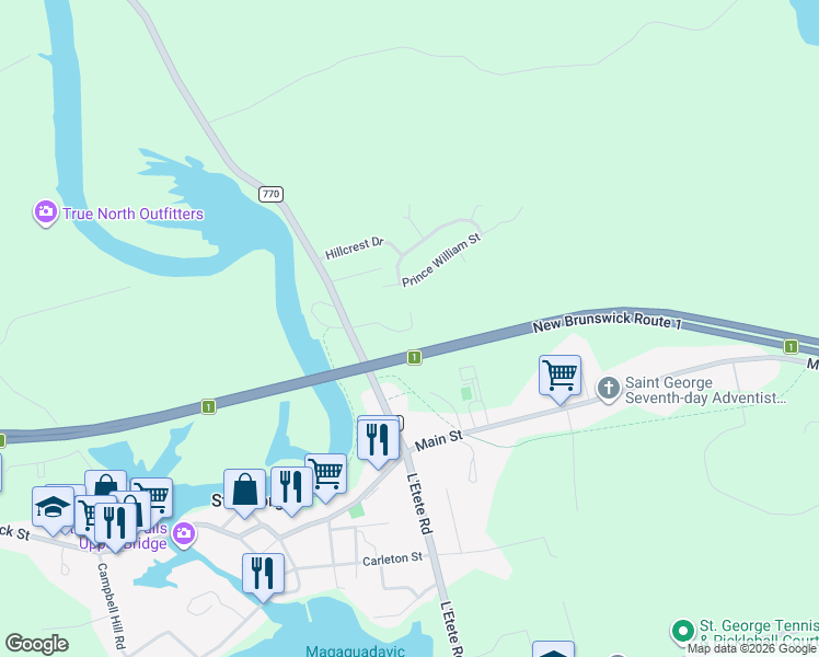 map of restaurants, bars, coffee shops, grocery stores, and more near 13 Kennedy Court in Saint George