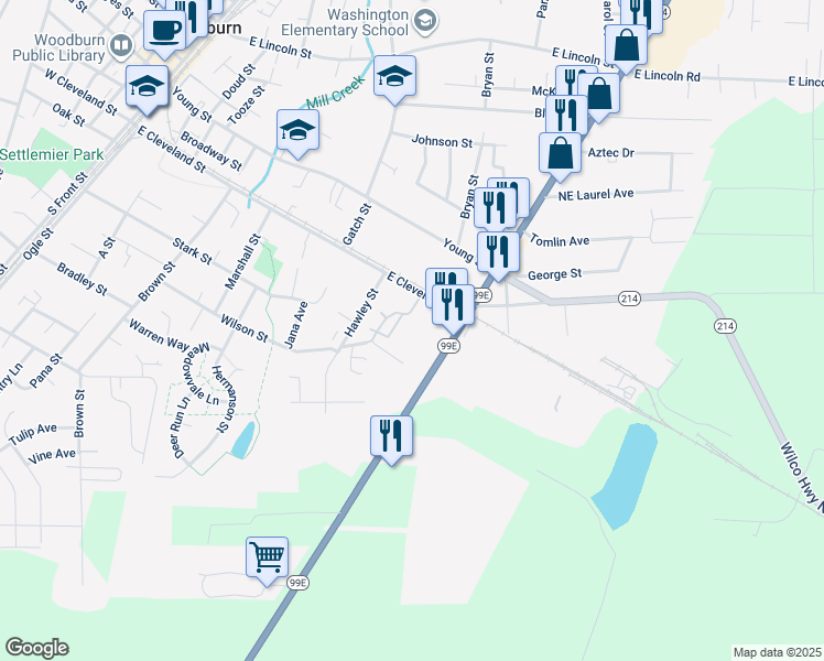 map of restaurants, bars, coffee shops, grocery stores, and more near 240 South Pacific Highway in Woodburn