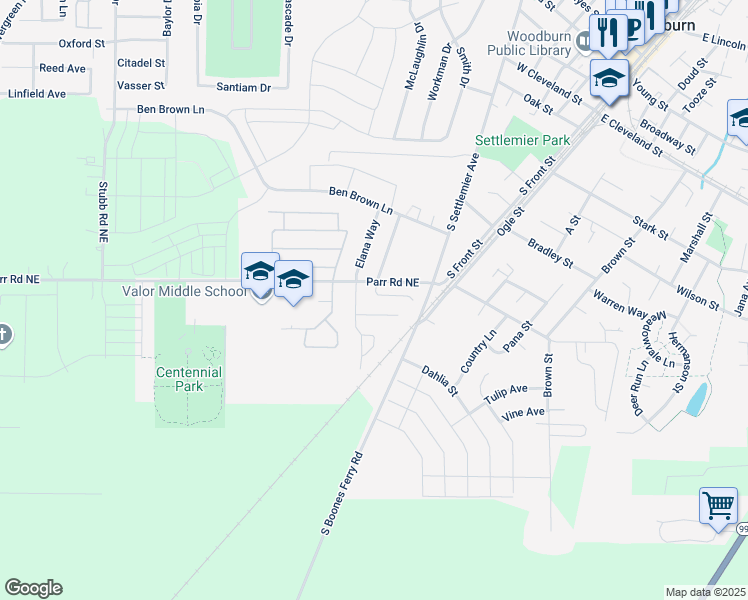 map of restaurants, bars, coffee shops, grocery stores, and more near 365 Brandywine Court in Woodburn
