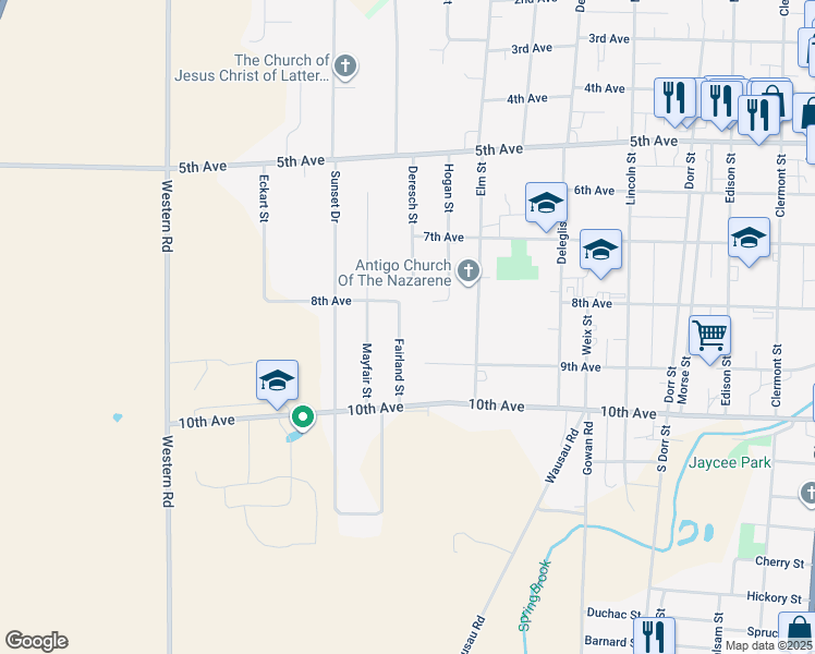 map of restaurants, bars, coffee shops, grocery stores, and more near 203 Fairland Street in Antigo