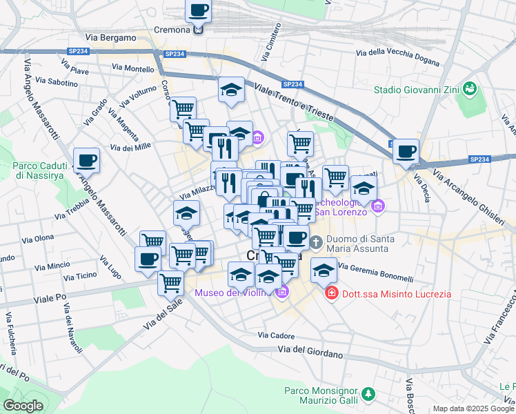map of restaurants, bars, coffee shops, grocery stores, and more near 5-13 Corso Campi in Cremona