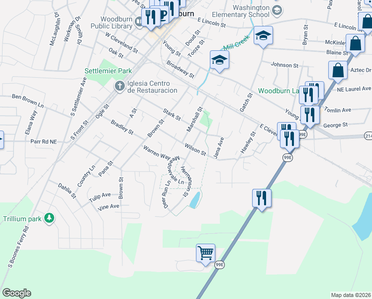 map of restaurants, bars, coffee shops, grocery stores, and more near 888 Wilson Street in Woodburn