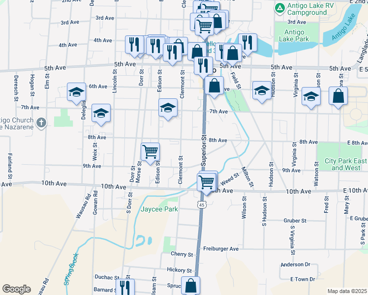 map of restaurants, bars, coffee shops, grocery stores, and more near 239 Clermont Street in Antigo