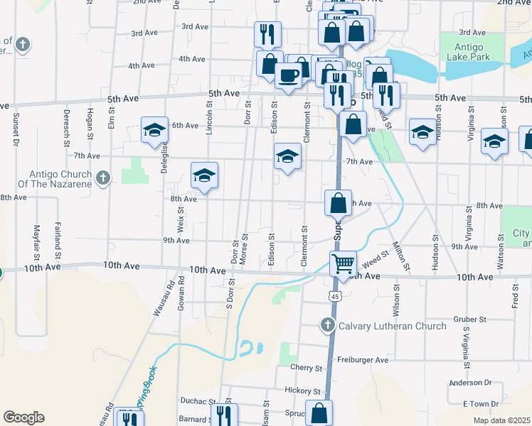 map of restaurants, bars, coffee shops, grocery stores, and more near 222 Edison Street in Antigo