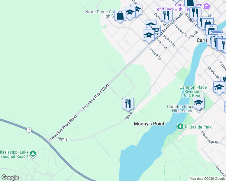 map of restaurants, bars, coffee shops, grocery stores, and more near Dulmage Crescent in Carleton Place