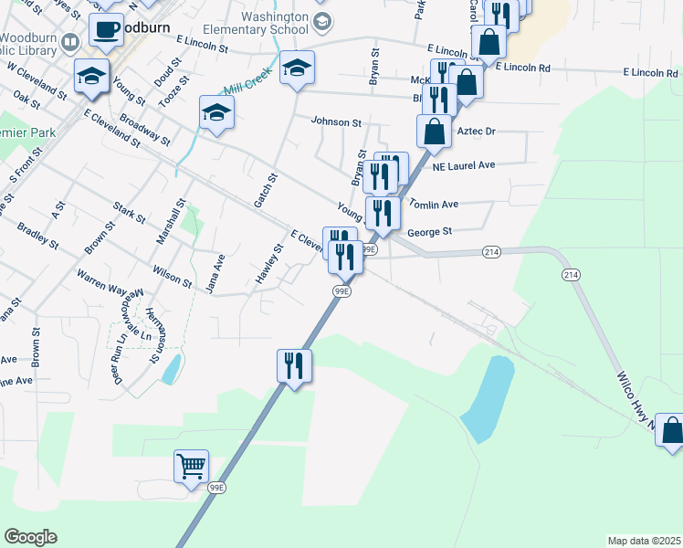 map of restaurants, bars, coffee shops, grocery stores, and more near 105 South Pacific Highway in Woodburn