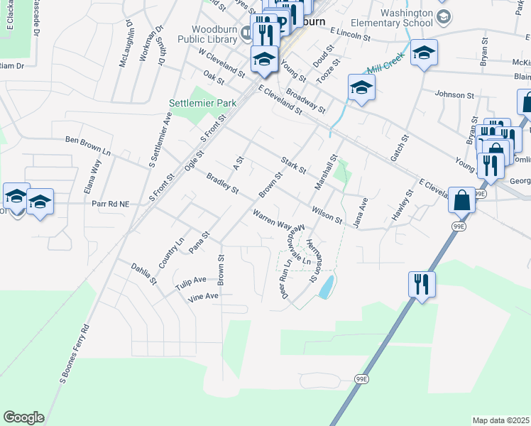 map of restaurants, bars, coffee shops, grocery stores, and more near 550 Warren Way in Woodburn